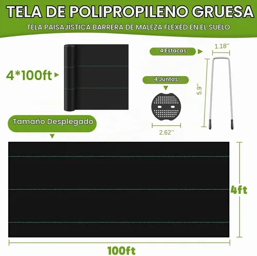 Vista 4 de Tela de barrera de malezas resistente de 4 x 100 pies, tapete de control de malas hierbas de 3.2 onzas, tapete de jardinería para bloques de malas