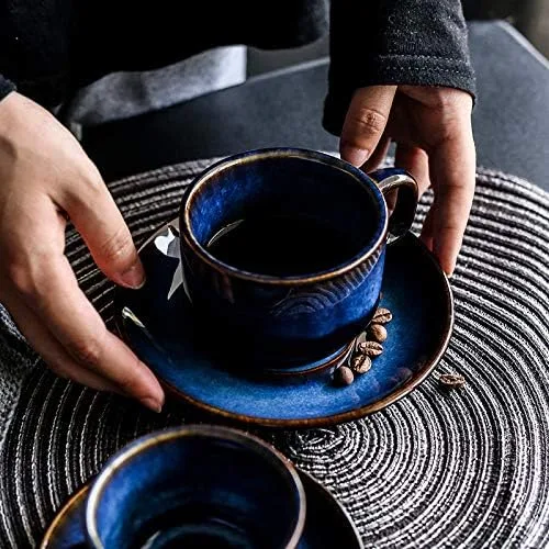 Vista 4 de Juego de 4 platillos de café de cerámica azul profundo