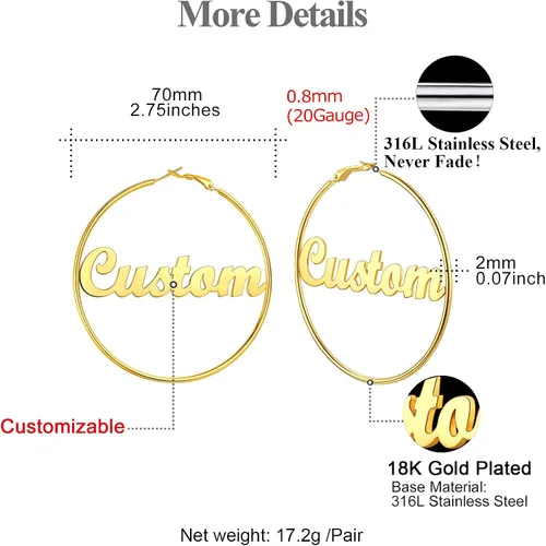 Vista 4 de FOCALOOK 18K Gold Plated Lightweight Thin Hoops Custom Name Hoop Huggie Earrings for Women 30405070100mm