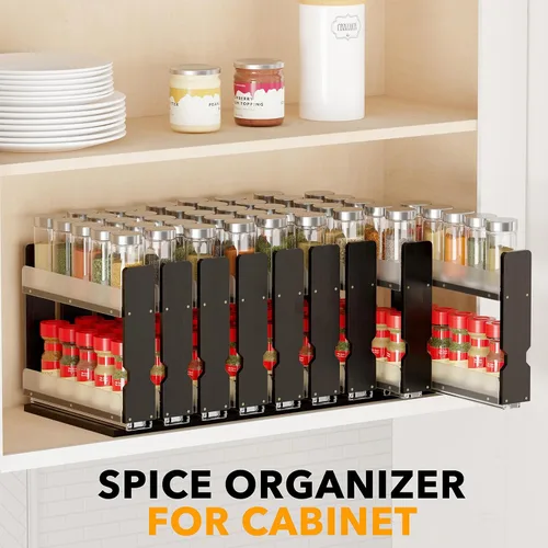 Vista 6 de SpaceAid Organizador de especias extraíble de bambú para gabinete, organizador de condimentos deslizante y resistente para despensa de cocina