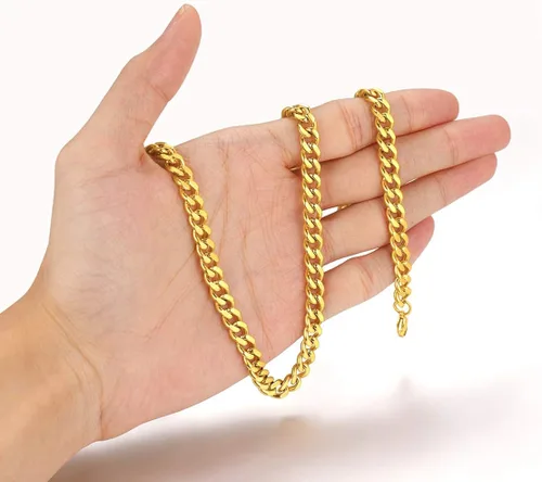 Vista 3 de FindChic - Collar con cadena para hombre chapado en oro de 18 quilates acero inoxidable doble apretado eslabones cubanos para hombres y niños