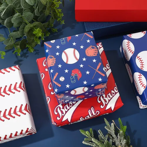Vista 5 de AnyDesign 12 hojas de papel de regalo de béisbol, no enrolladas, papel de regalo deportivo, papel de regalo deportivo, plegado a granel, papel plano