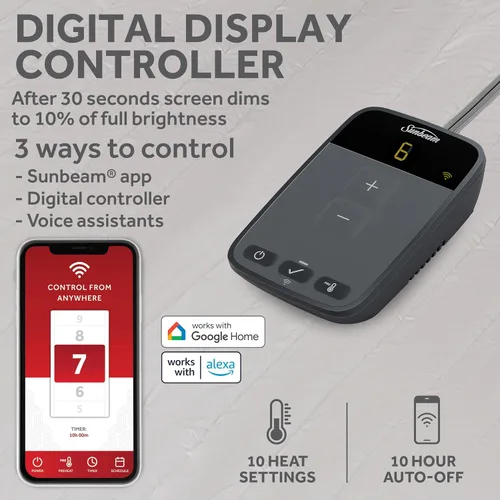 Vista 3 de Sunbeam - Funda para colchón con poliéster y conexión Wi-Fi, cobija eléctrica, 10 ajustes de calor, tamaño individual