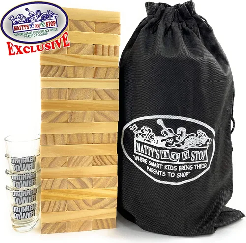 Vista 5 de Juego de 60 piezas de torre borracha de madera XL con vasos de chupito y bolsa de almacenamiento de Mystery Stop de juguete