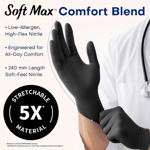 Vista 3 de Supmedic Medical Soft Max™ Black Nitrile Disposable Gloves, 100 Pcs, Latex-Free & Powder-Free Food Safe Food Prep Exam Gloves