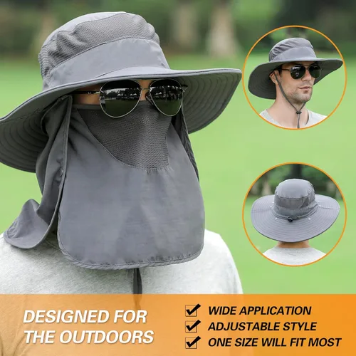 Vista 4 de Sombrero de pesca para hombres y mujeres, sombrero de ala ancha con solapa desmontable para el cuello y cubierta facial