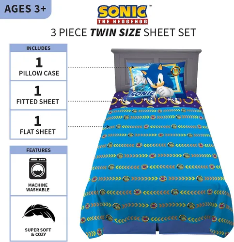 Vista 4 de Franco Sonic The Hedgehog - Juego de sábanas tamaño individual + manta de felpa
