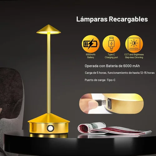 Vista 2 de Juego de 2 lámparas de mesa inalámbricas, lámpara de escritorio LED portátil, funciona con batería de 6000 mAh, lámpara recargable de 3 niveles