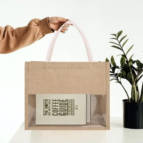 Vista 7 de TopTie 6 bolsas de arpillera con ventana de película de PVC transparente, bolsa de playa de yute, bolsas de comestibles reutilizables a granel