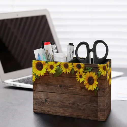 Vista 5 de Soporte para bolígrafos, soporte para lápices para organizador de escritorio, girasol floral de madera, tazas de cuero sintético, almacenamiento