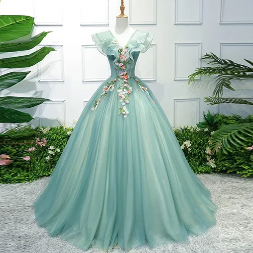 Vista 2 de Vestido de quinceañera con apliques de flores verdes de tul para niña, vestido de quinceañera dulce 15 para baile de graduación, gala, concurso