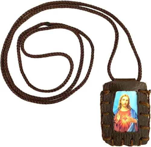 Vista 3 de Sagrado Corazón de Jesús con Nuestra Señora de Guadalupe Collar Escapulario Marrón Escapulario Café Collar Sagrado Corazon de Jesús Virgen