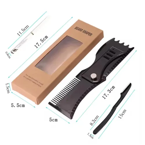Vista 6 de Plantilla ajustable para moldear barba para hombres, kit con plantillas flexibles para barba, lápiz de peluquero y 3 maquinillas de afeitar faciales