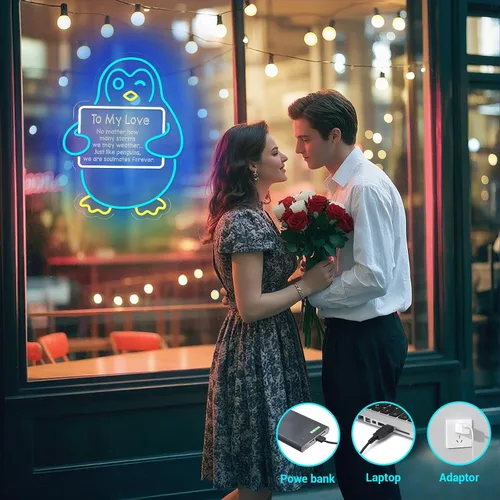 Vista 2 de Regalos para el día de San Valentín para ella, él, novio, novia, letrero de neón LED de pingüino azul, decoración romántica de pared para parejas