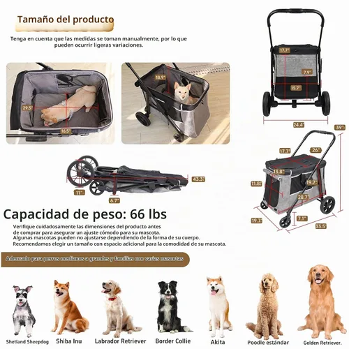 Vista 8 de Cochecito mediano para perros pequeños a grandes, con 4 ruedas, cochecito múltiple para 4 perros con capacidad para hasta 40 libras, plegado con un