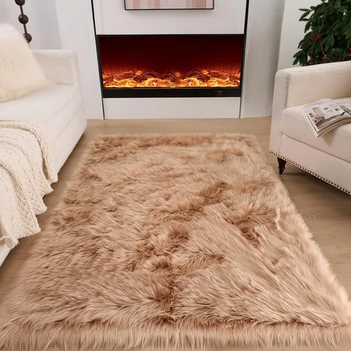 Vista 44 de Alfombra de piel sintética de 2 x 6 pies, color beige, lavable a máquina, súper suave, esponjosa, alfombra de piel de oveja mullida para dormitorio