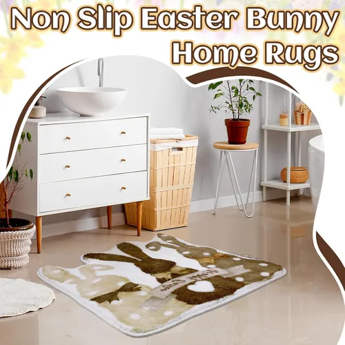 Vista 6 de Drydiet Alfombra de baño de conejo de Pascua, alfombra de baño retro de conejo, antideslizante, lavable, alfombra decorativa de bienvenida blanca