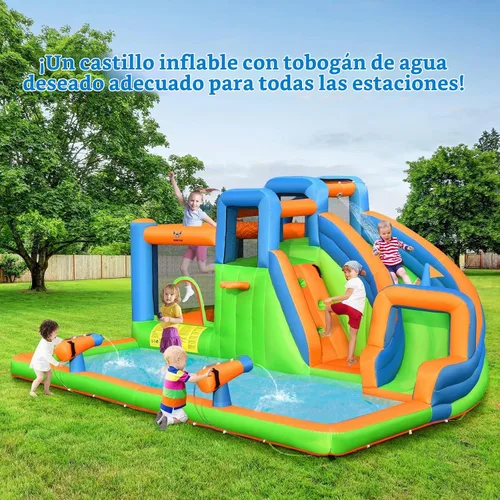 Vista 8 de BOUNTECH Tobogán acuático inflable, castillo de salto de parque acuático para niños con gran piscina de salpicaduras, 2 paredes de escalada