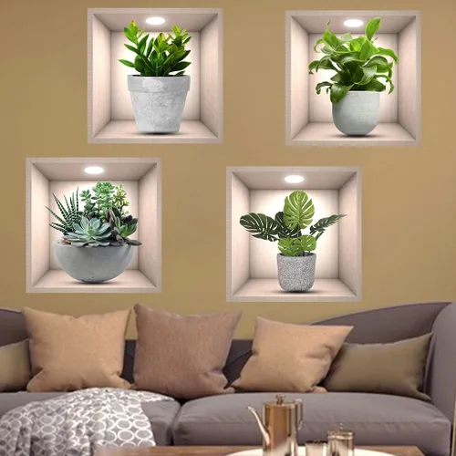 Vista 6 de Calcomanías creativas 3D de pared de plantas verdes, calcomanías de pared creativas para bricolaje, despegar y pegar, calcomanías adhesivas de pared