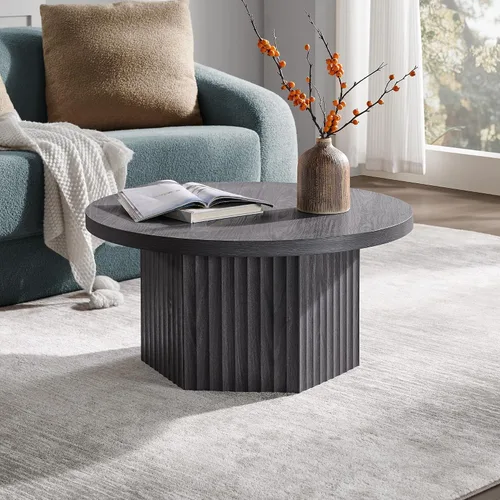 Vista 9 de SICOTAS Mesa de Centro Redonda para Sala de Estar, Mesa de Centro Acanalada Moderna de Mediados de Siglo con Almacenamiento, Mesa de Acento de Té