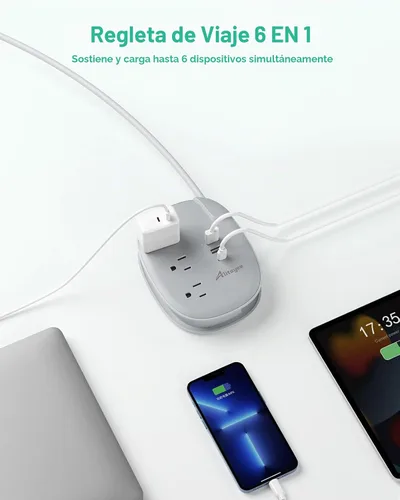 Vista 3 de Alitayee Regleta de alimentación de viaje portátil USB C con 3 tomas, 3 puertos USB, carga rápida, extensor de salida USB extensible con enchufe