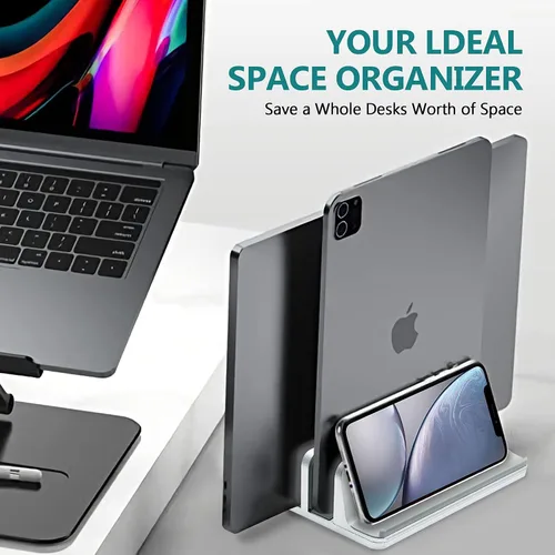 Vista 7 de Soporte vertical para computadora portátil para escritorio de metal resistente, 4 ranuras ajustables 4 en 1 vertical MacBook Stand Rack Pro Soporte