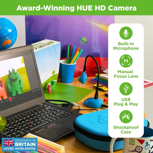 Vista 2 de HUE Animation Studio: Kit completo Stop Motion (cámara, software, libro) para Windows/macOS (negro) con estuche de transporte