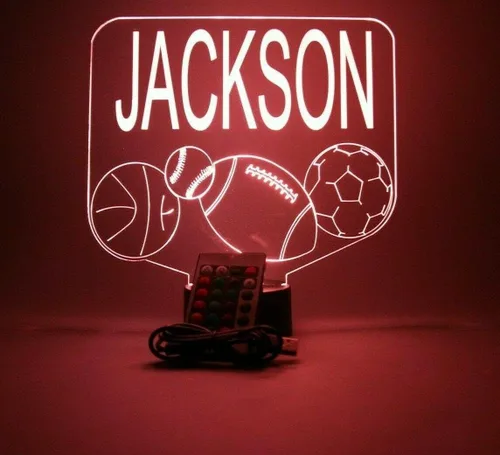 Vista 3 de Sports Array - Balón de fútbol, béisbol, fútbol, baloncesto con nombre personalizado, lámpara de luz nocturna con nombre personalizado, lámpara