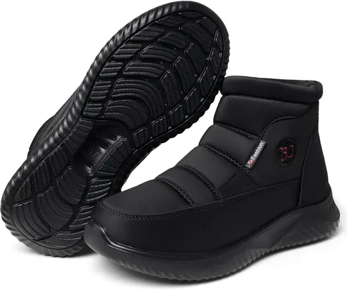 Vista 2 de TEMOFON Botas de nieve de invierno para mujer botas anchas con forro de piel cálida con forro de piel negra, cómodas botas planas para caminar al