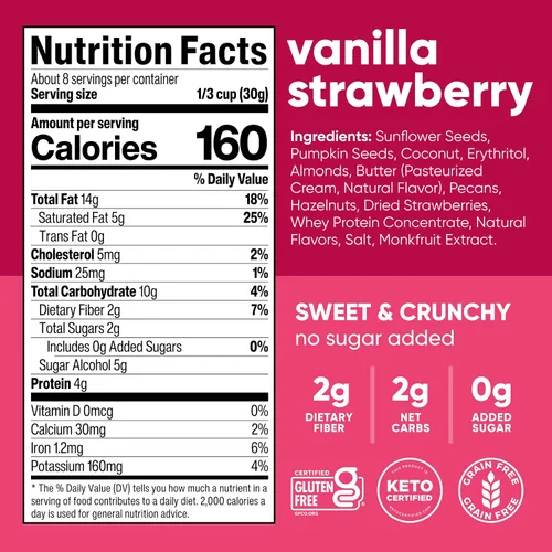 Vista 2 de NuTrail Cereal de granola de nuez, vainilla y fresa, sin azúcar añadido, keto, bajo en carbohidratos, sin gluten, sin granos, desayuno saludable, 8