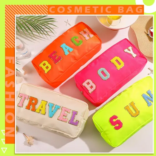 Vista 3 de Pinkunn 4 bolsas de maquillaje de chenilla con parche de letras de chenilla, bolsa de cosméticos para viajes de verano, playa, sol, bolsa