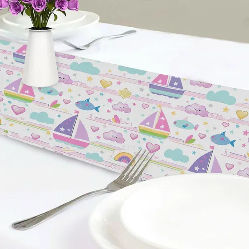 Vista 6 de Sailboat Island - Camino de mesa decorativo de rayas arcoíris de dibujos animados, bohemio, 13 x 70 pulgadas, decoración de baby shower, camino