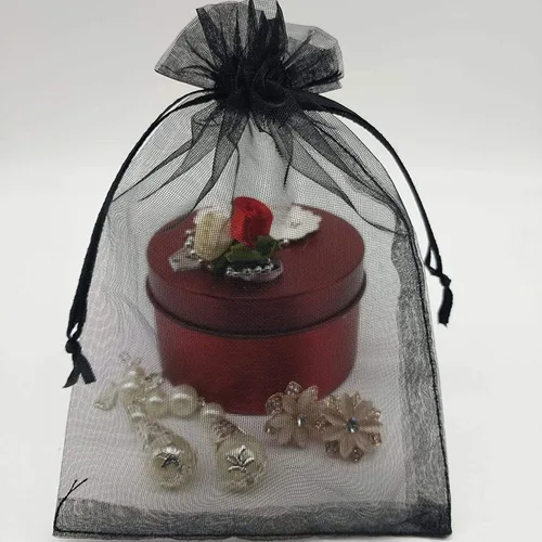 Vista 7 de 100 piezas por paquete 5x7 Bolsas de regalo transparentes negras, tela de organza transparente, bolsas de malla transparentes con cordón