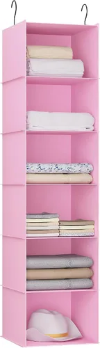 Vista 9 de Organizador colgante para armario y almacenamiento con 3 estantes, estantes colgantes plegables de montaje fácil para guardar ropa, bolsos, zapatos