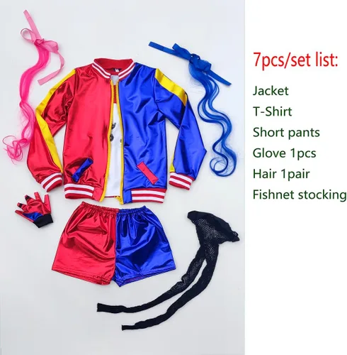 Vista 2 de Conjunto de 7 piezas de disfraz para niña con chaqueta, camiseta, pantalones cortos, guante, peluca, Halloween, jugador de béisbol, cosplay, traje