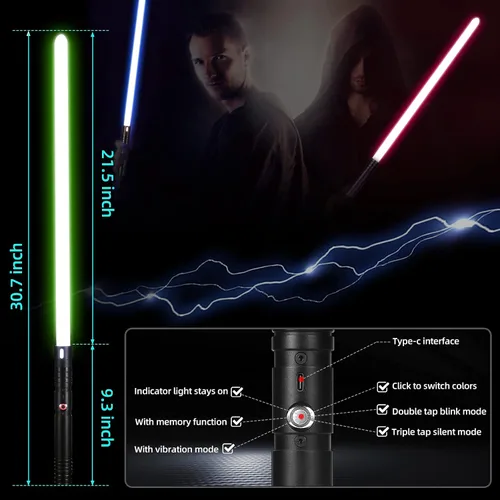 Vista 10 de Sable de luz 2 en 1 con mango de aleación de duelo, 15 colores RGB con 4 modos, 6 efectos de sonido, sable de luz desmontable recargable por USB