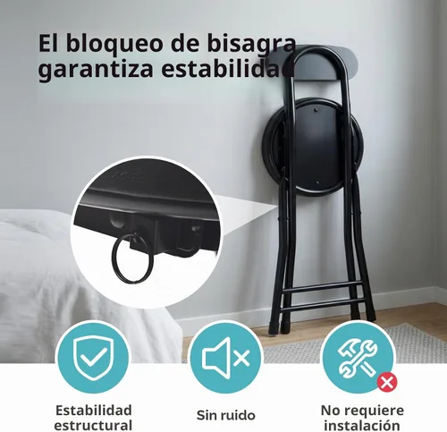 Vista 4 de Taburete plegable, taburete de bar plegable acolchado acolchado, 18 pulgadas de altura negra, taburete portátil resistente con capacidad de 300