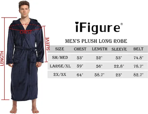 Vista 6 de iFigure Bata de baño de forro polar con capucha para hombre, bata larga de felpa para hombre, cálida y suave bata de spa