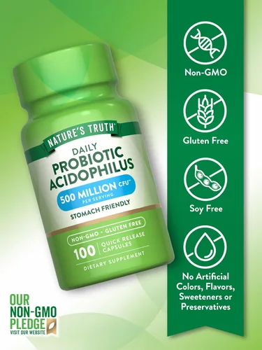 Vista 3 de Probióticos para hombres y mujeres Apoyo digestivo 500 millones de UFC 100 cápsulas Acidophilus Por Nature's Truth