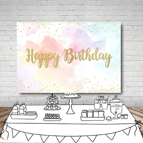 Vista 4 de MEHOFOND Telón de fondo de feliz cumpleaños de arcoíris pastel de 7 x 5 pies para niñas, fondo de acuarela de princesa, nube de colores dorados