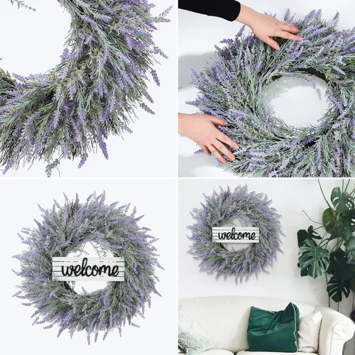 Vista 4 de Coronas de primavera de 24 pulgadas para puerta delantera, corona artificial de lavanda con letrero de bienvenida y colgador, morado