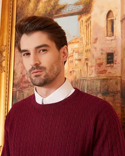 Vista 4 de Kallspin Men's Cable Knit Crewneck Sweater Pullovers Wool Blend Relax Fit Knitwear