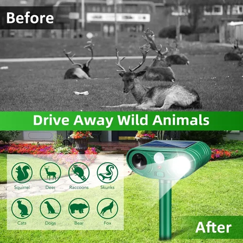 Vista 6 de Dispositivos repelentes solares de ciervos repelente de animales con sensor de movimiento, repelente de animales a conejo perro zorrillo con lP44