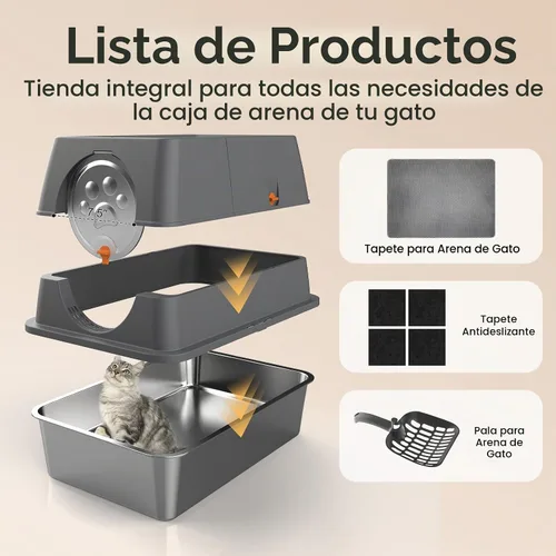 Vista 6 de Paquete de 2 cajas de arena de acero inoxidable con tapa, caja de arena extra grande cerrada de metal para gatos grandes y varios gatos, fácil