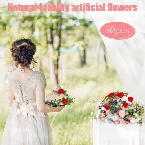 Vista 11 de LOKIPA 50 rosas artificiales, 50 unidades de rosas rojas de espuma de aspecto real, rosas artificiales con tallos para decoración de ramos de boda