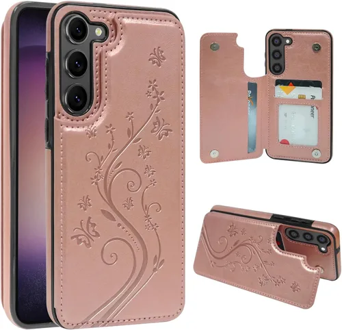 Vista 23 de Korecase - Funda tipo cartera para Samsung Galaxy S23 con tarjetero y tarjetero de piel sintética, diseño de mariposas y flores, color azul