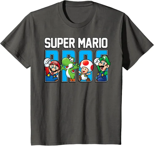 Vista 40 de Super Mario Bros Characters Letter Fill Graphic T-Shirt Camiseta, Negro
