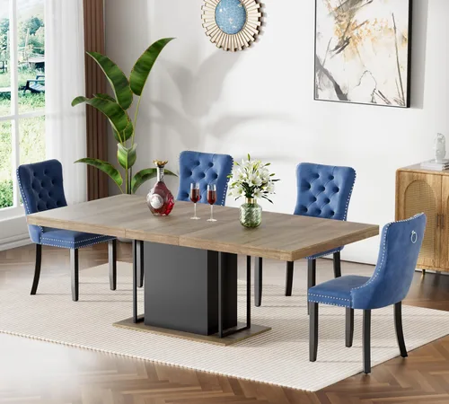 Vista 56 de Mesa de comedor extensible de 78.74 pulgadas para 6 8 y 10 pulgadas, moderna mesa de comedor extensible de granja con base de doble pedestal, mesa