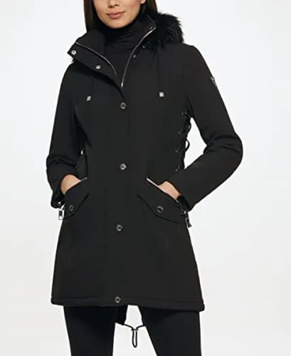 Vista 2 de GUESS Womens Long Softshell Coat-Water Resistant Fall Jacket, Faux Fur