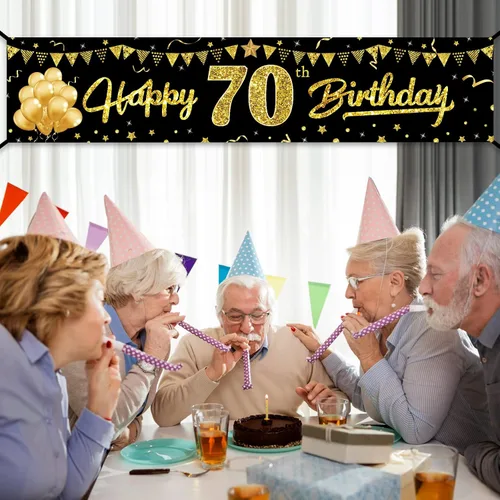 Vista 6 de Cartel de feliz cumpleaños 70 para mujeres y hombres, suministros de fiesta de cumpleaños de 70 años de color negro y dorado, divertido tema de 70